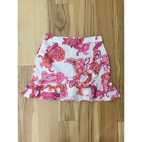 Shein White & Pink Paisley Print Flounce Mini Skirt 6 - Picture 3 of 4